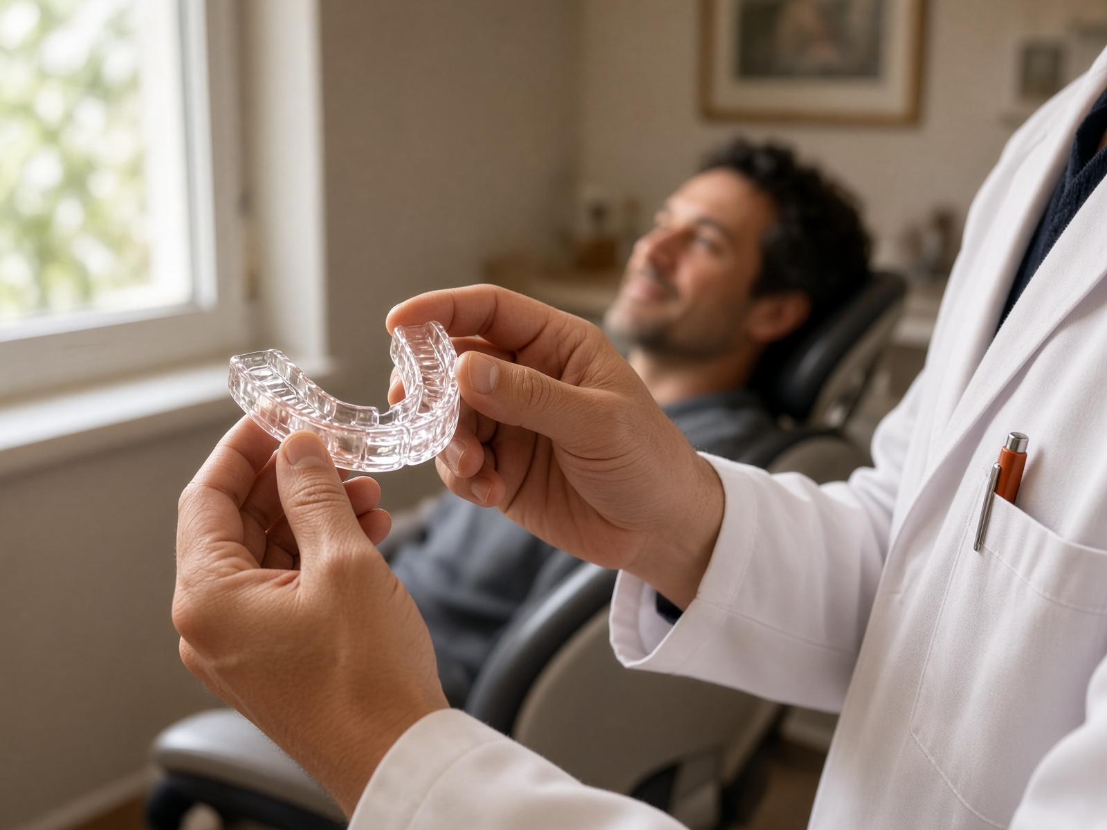 A dentist checks the fit of a custom oral appliance.